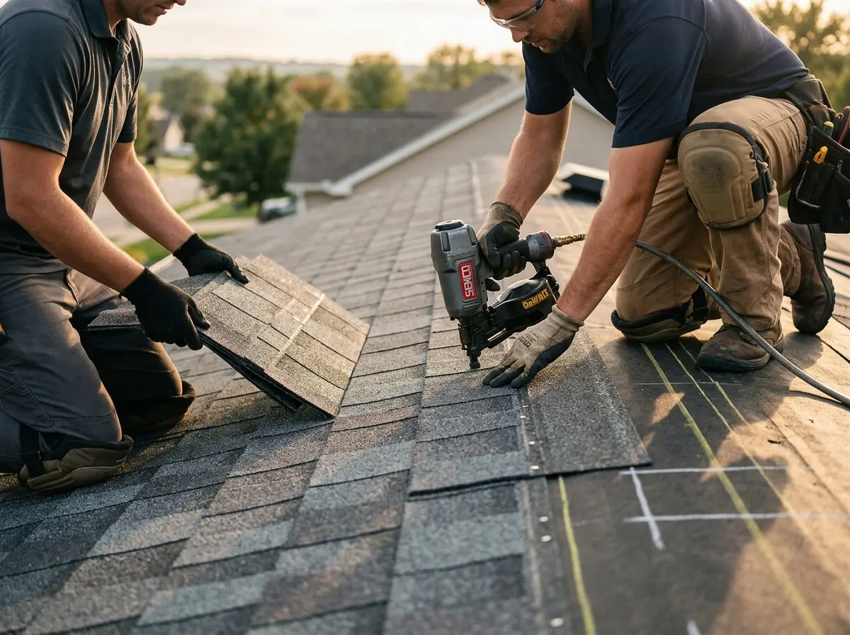 Professional roofer working on a residential roof in Roxboro